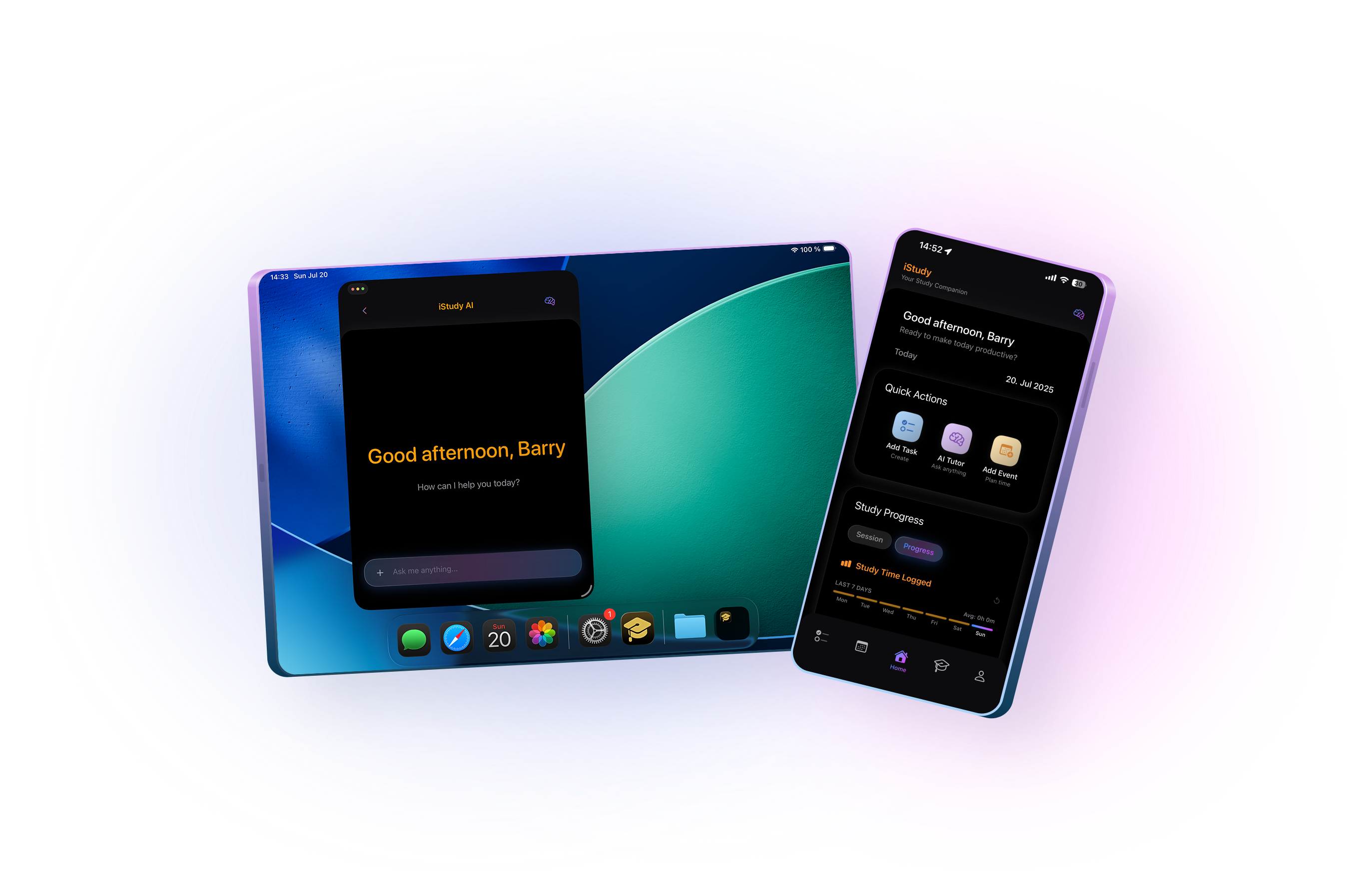 iStudy App Interface - AI-powered study planner showing dashboard and task management